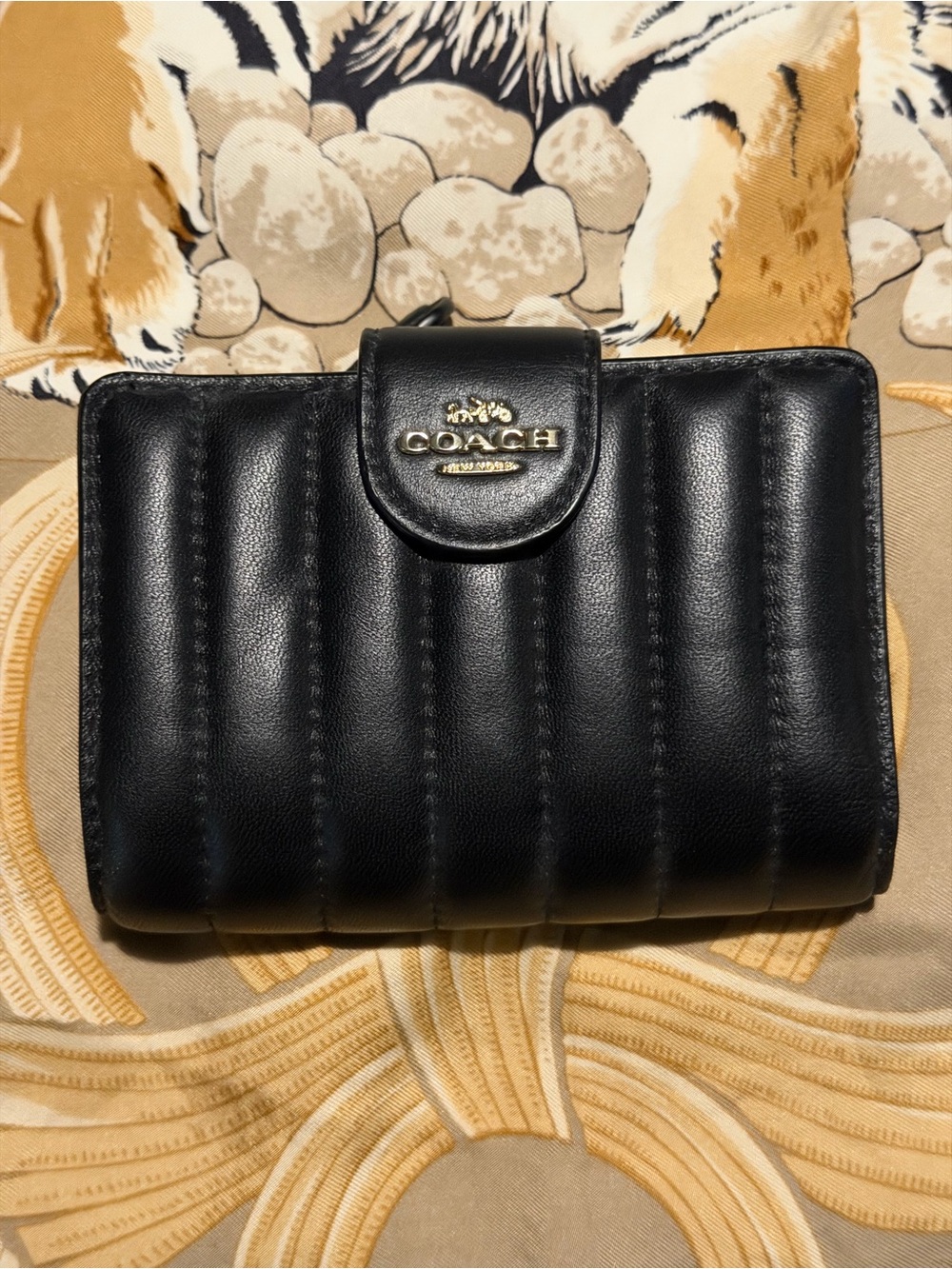 Coach Black Quilted Leather Snap Wallet with Gold Logo